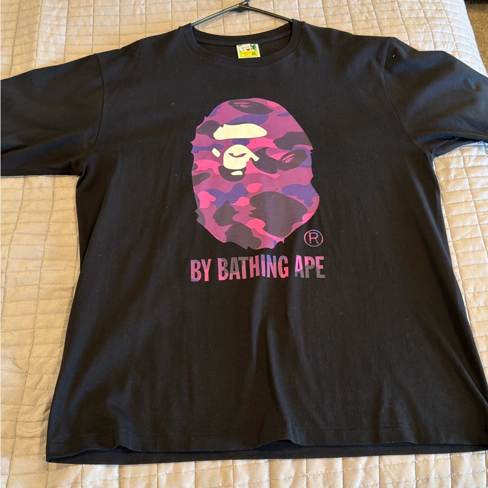 Bape Black Tee with Purple Camo Ape Logo